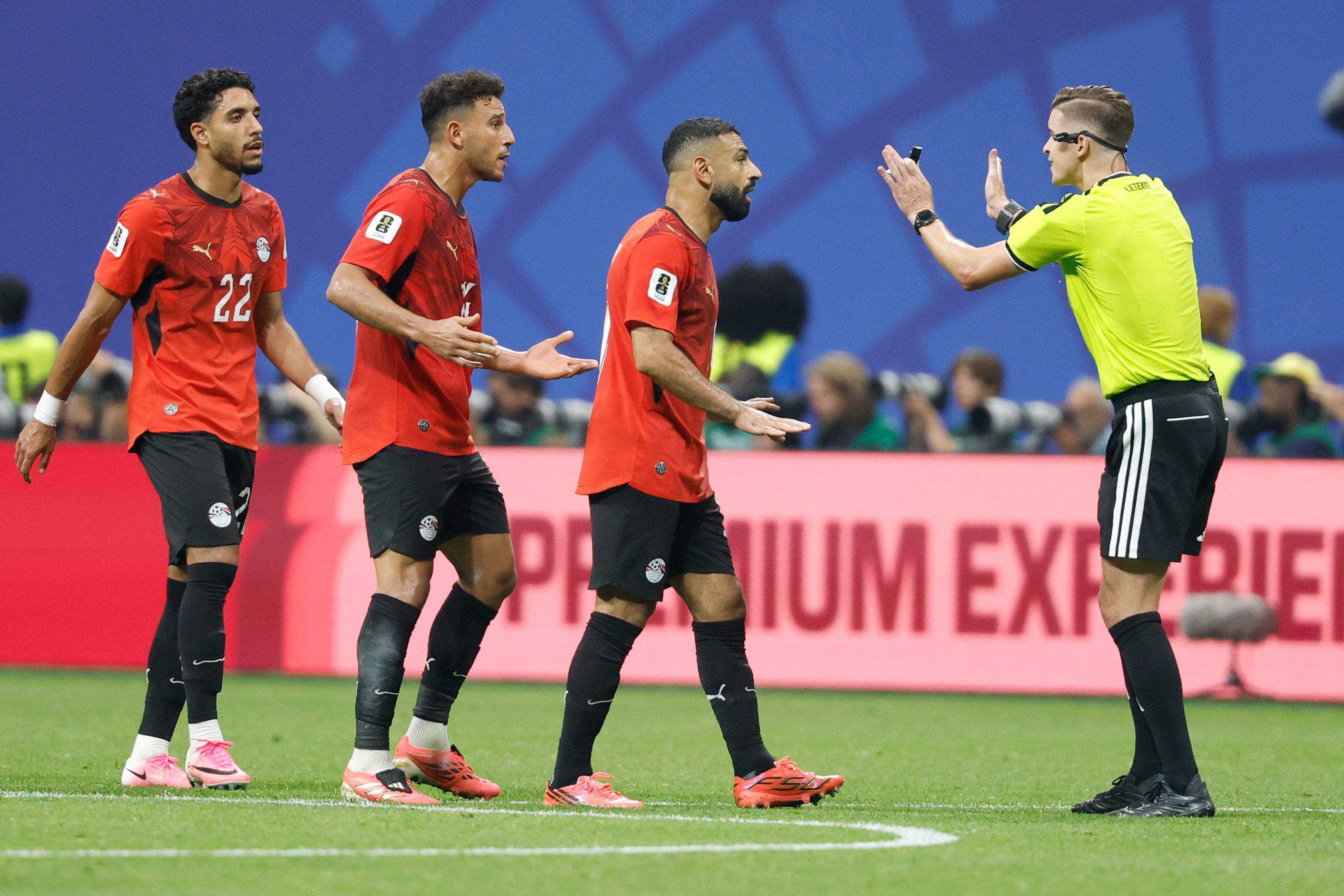 Egypt's Mohamed Salah (10) talks with referee Francois Letexier, of France, during the World Cup round of 16 soccer match between Argentina and Egypt in Atlanta, Tuesday, July 7, 2026. 