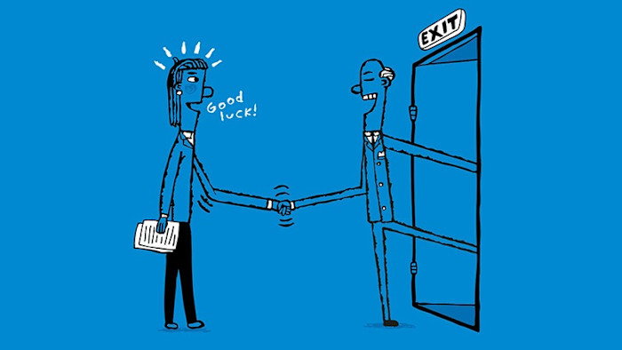 Illustration of an older worker leaving through an exit door and shaking hands with a younger worker who is saying ‘good luck!’