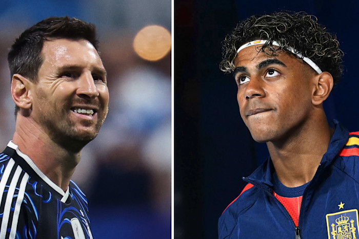 Lionel Messi and Lamine Yamal shown in separate portraits ahead of the 2026 World Cup final between Argentina and Spain.