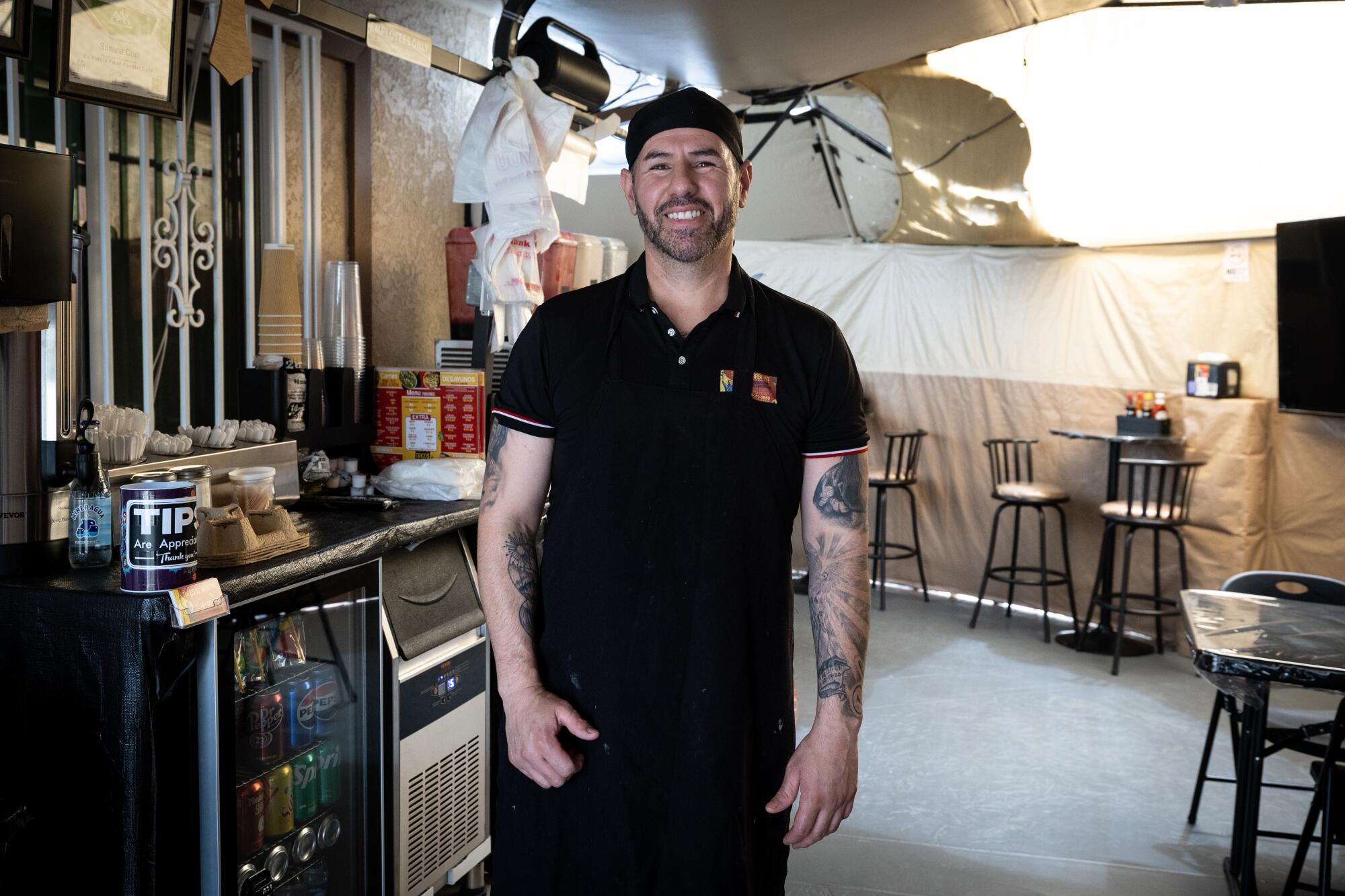 Reme Jimenez poses at Tacos El Arbitro, a taco and Mexican seafood spot he operates out of his backyard in Arleta.