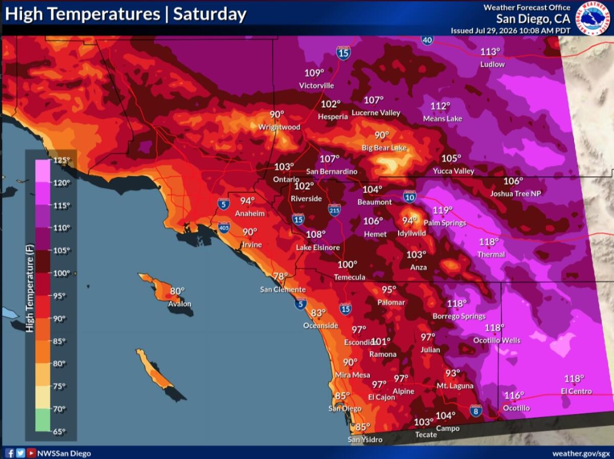 A map shows high temperatures in San Diego and Orange counties.