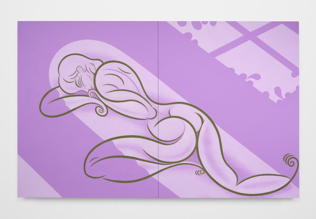 Koak, "Portrait of Myself, the Shell," 2024. Flashe and acrylic on linen; diptych. 74 x 118 inches