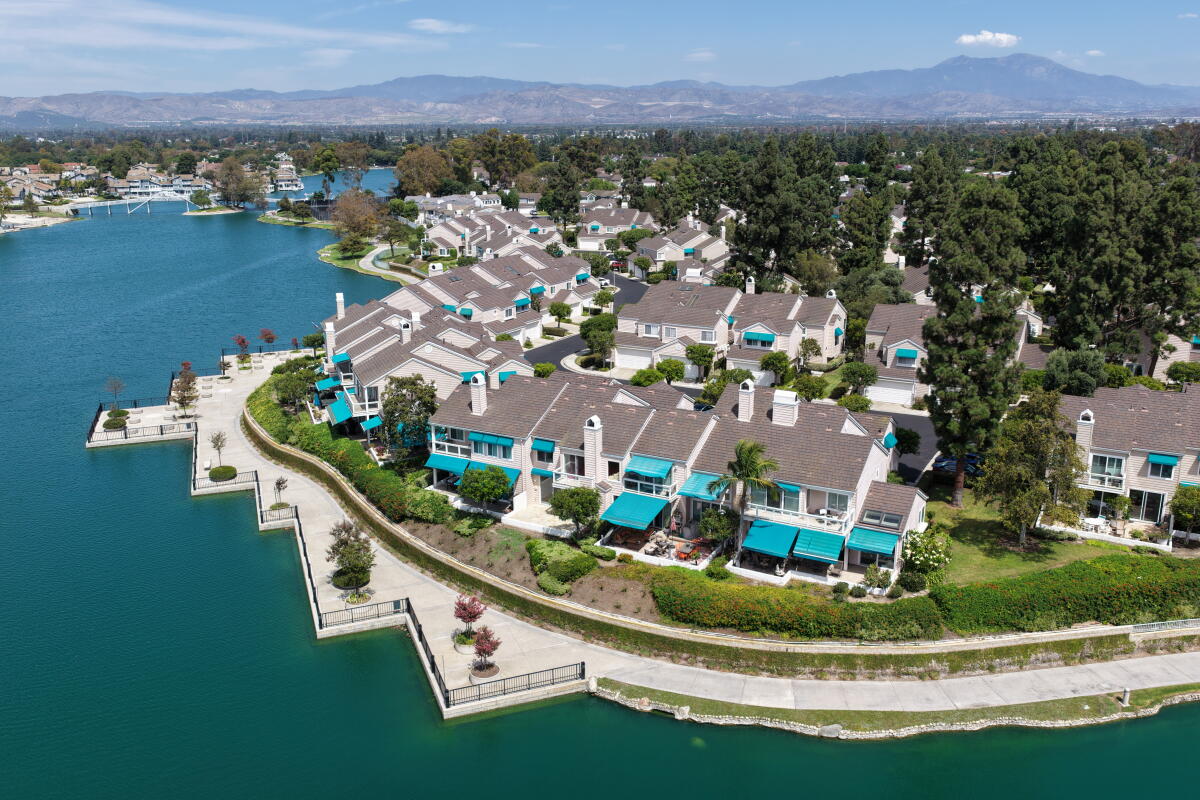 An aerial view of the private gated community of Woodbridge Cove, in Irvine