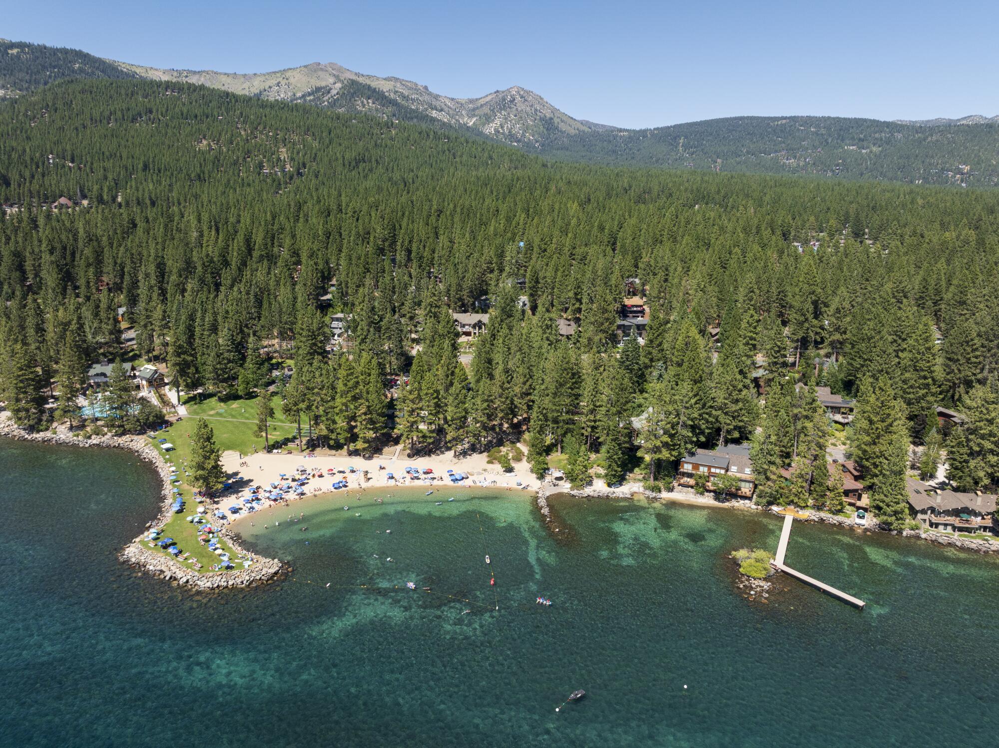 Aerial view of Burnt Cedar Beach in Incline Village, Nev.