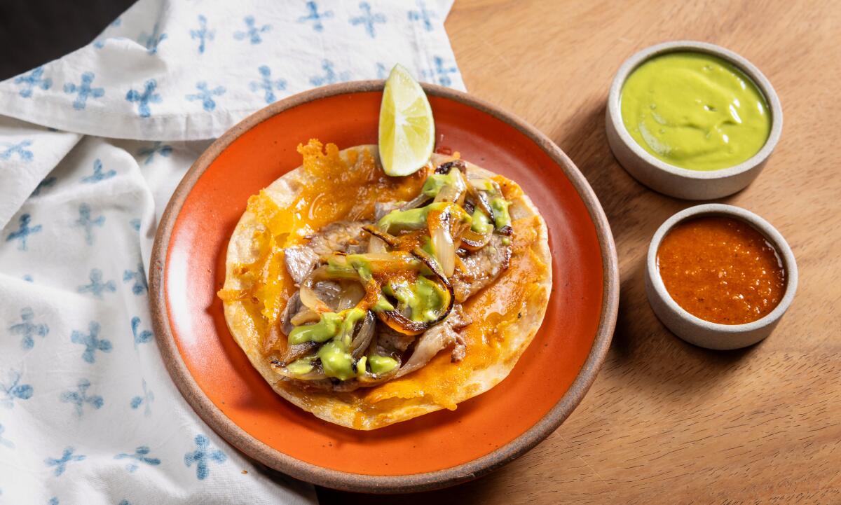 Ribeye cachetada taco at the Los Angeles Times kitchen in El Segundo.