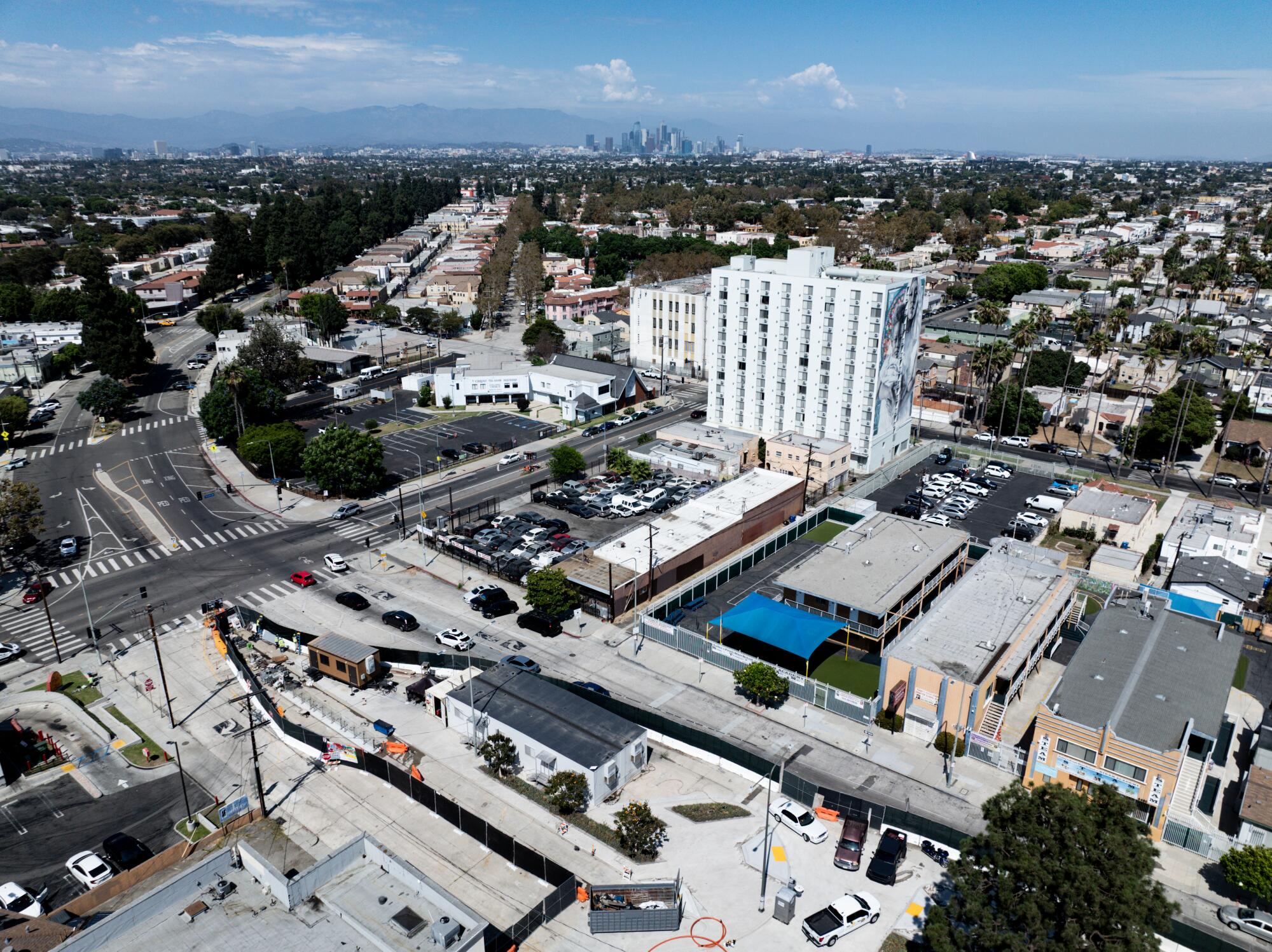 An aerial of construction along Crenshaw Boulevard