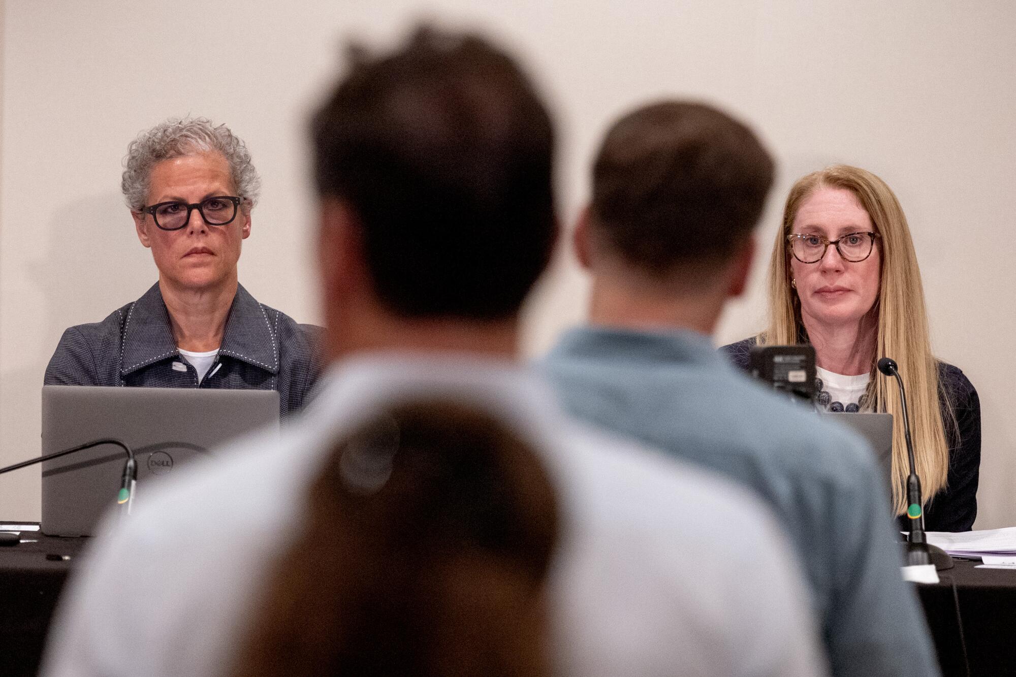 Speakers line up to give comments at a public hearing.