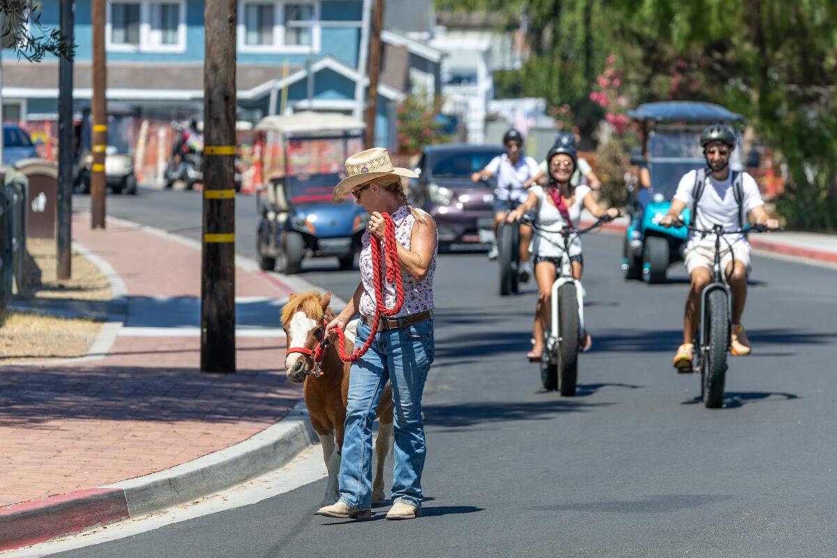 Monica Skelton, of Catalina Island Horseback Adventures, takes Peanut, a miniature horse for a walk.