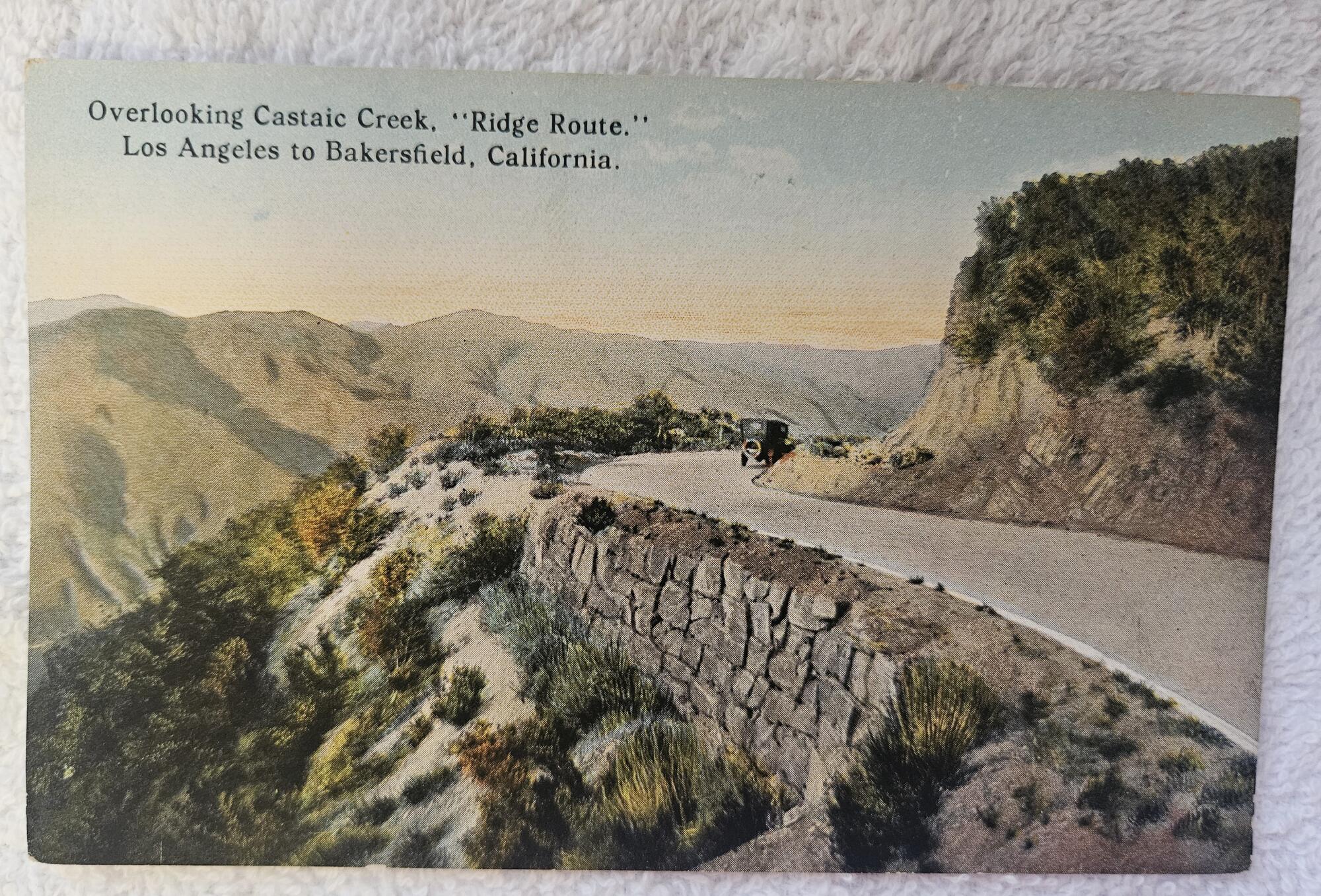 A postcard depicting the Ridge Route, overlooking Castaic Creek.