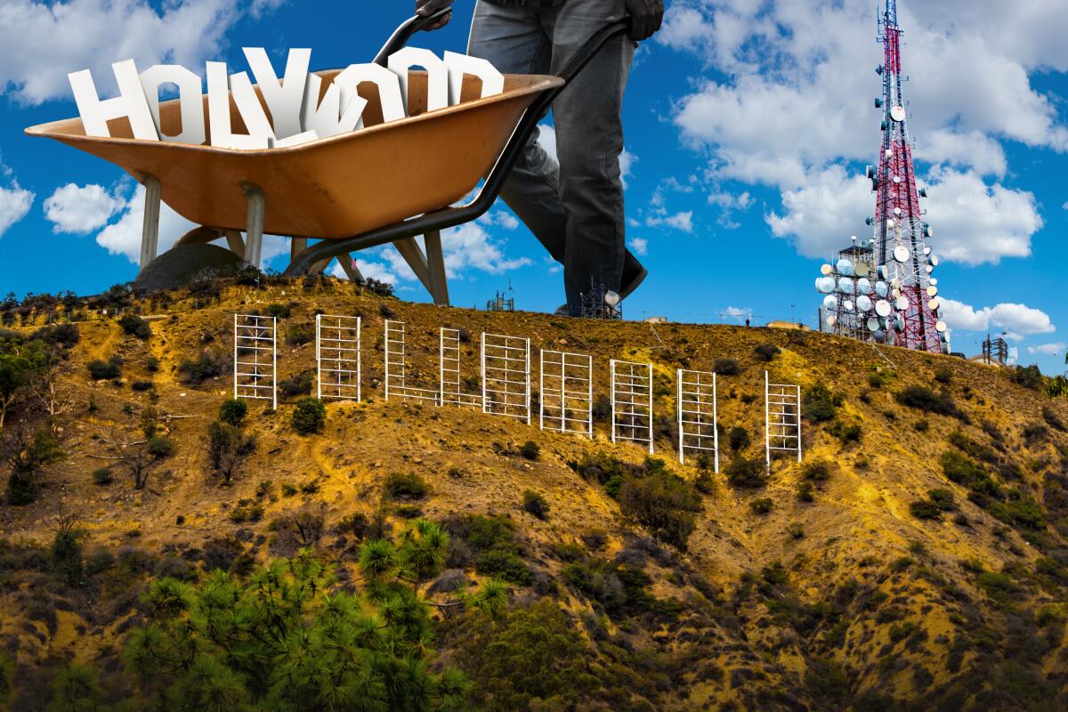 photo illustration of a large figure carrying away the letters from the HOLLYWOOD sign in a wheelbarrow.