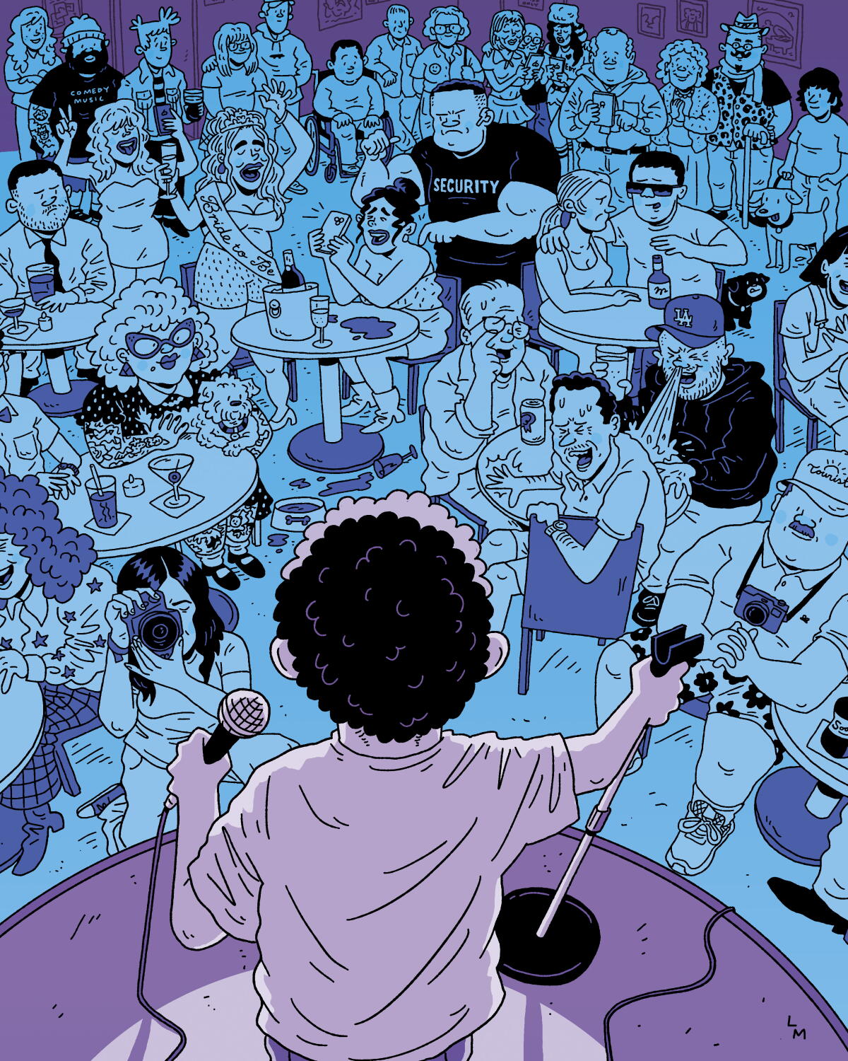 Illustration of a comic onstage with an audience facing him
