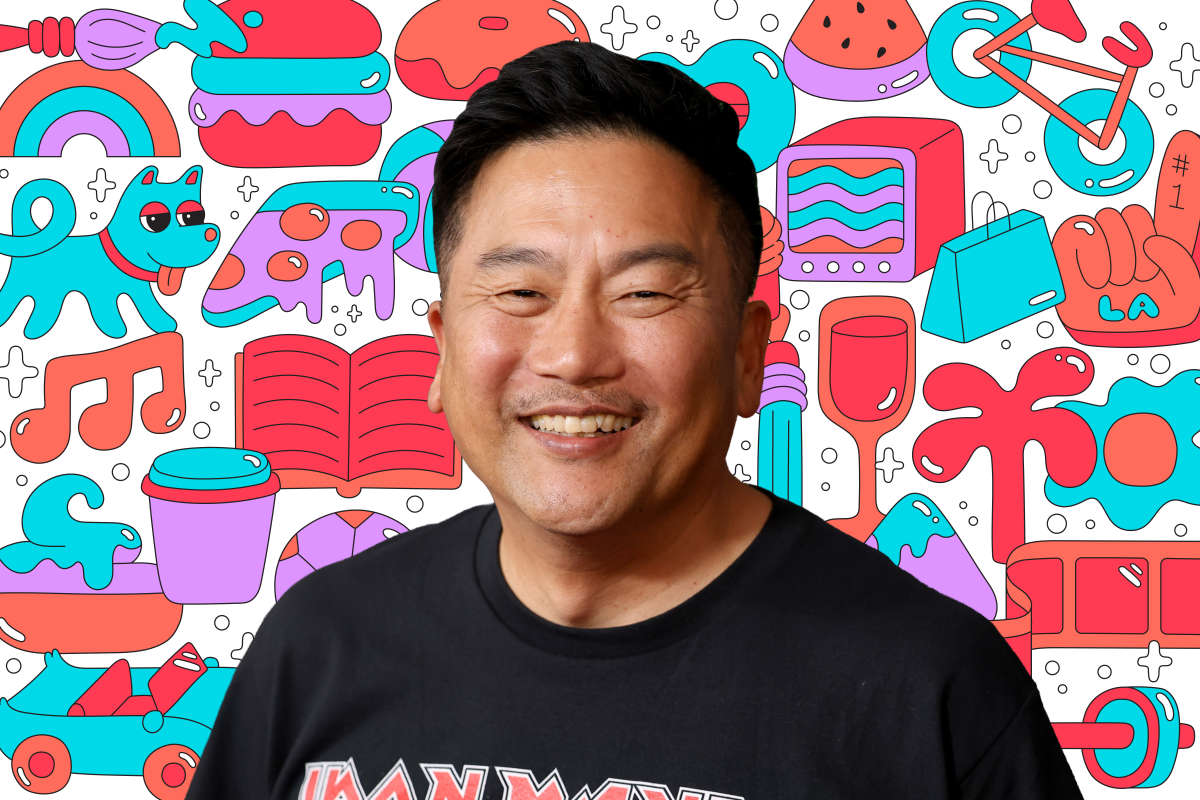 Photo of a person on a background of colorful illustrations like a book, dog, pizza, TV, shopping bag, and more