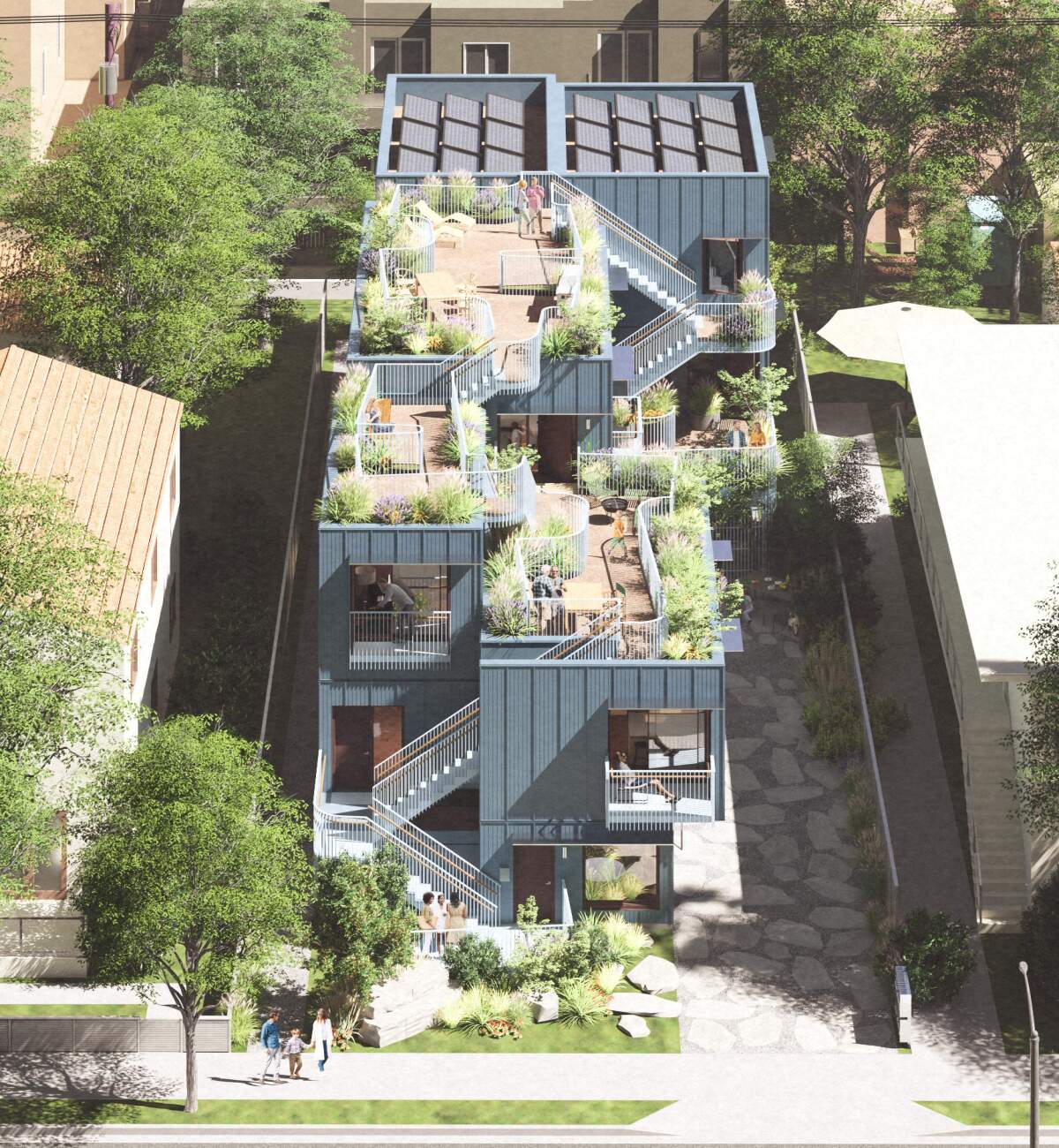 A rendering of an overhead view of a housing complex
