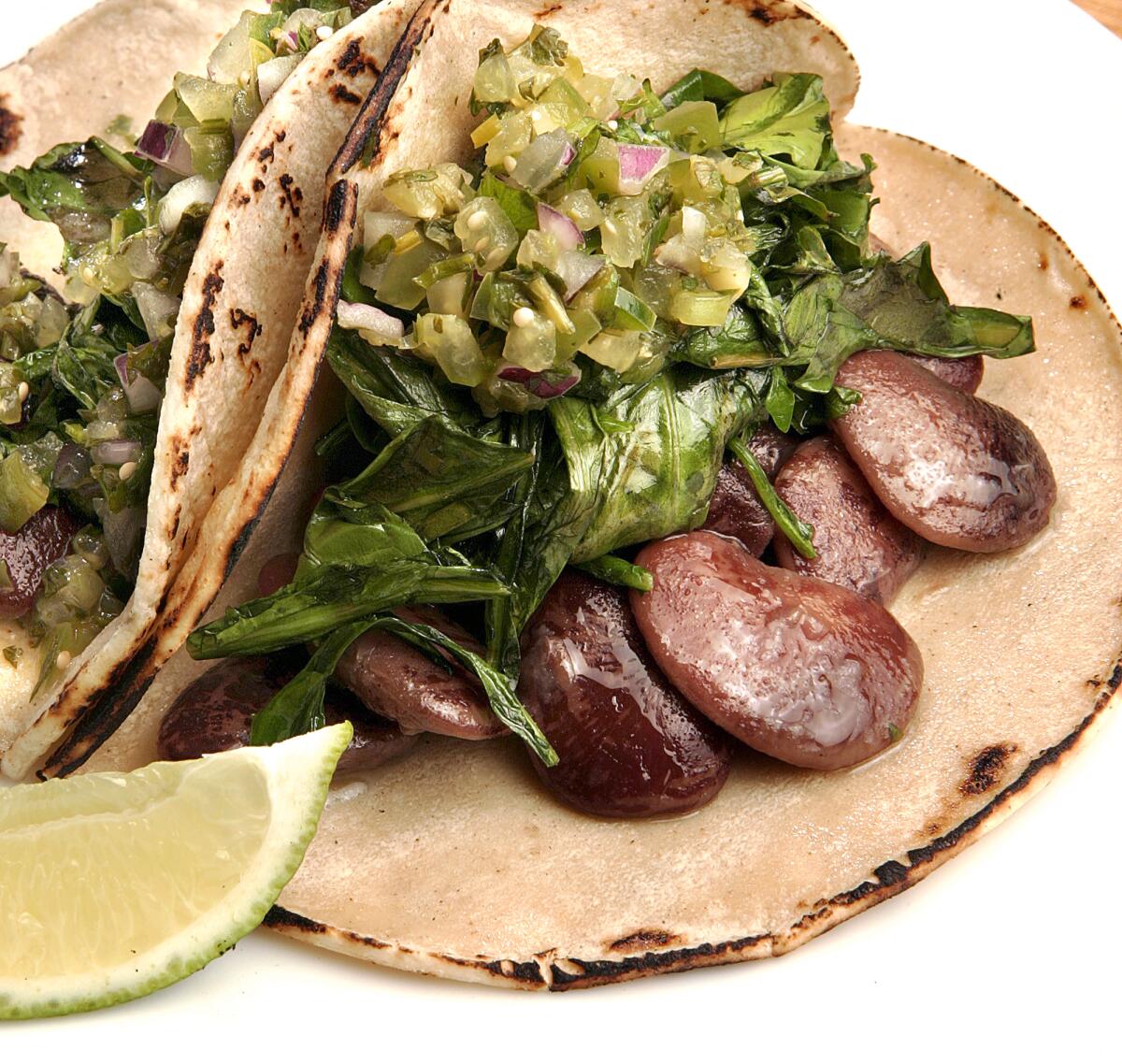 Dandelion green and Christmas lima bean tacos.