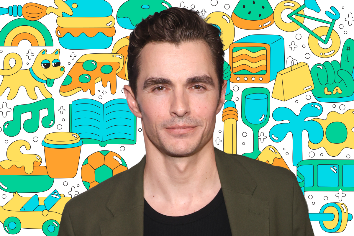 Photo of a person on a background of colorful illustrations like a book, dog, pizza, TV, shopping bag, and more