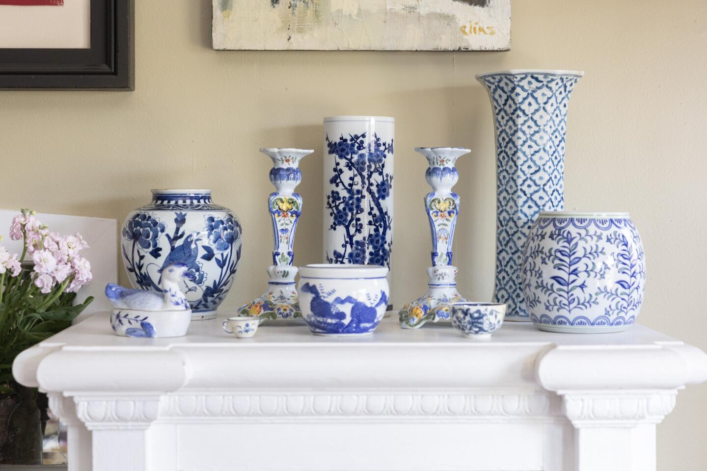 SILVER LAKE, CA - JULY 17, 2026: Wendi Weger's Versailles-inspired apartment in Silver Lake, CA on Friday, July 17, 2026. Vintage ceramics on a mantle. (Myung J. Chun / Los Angeles Times)