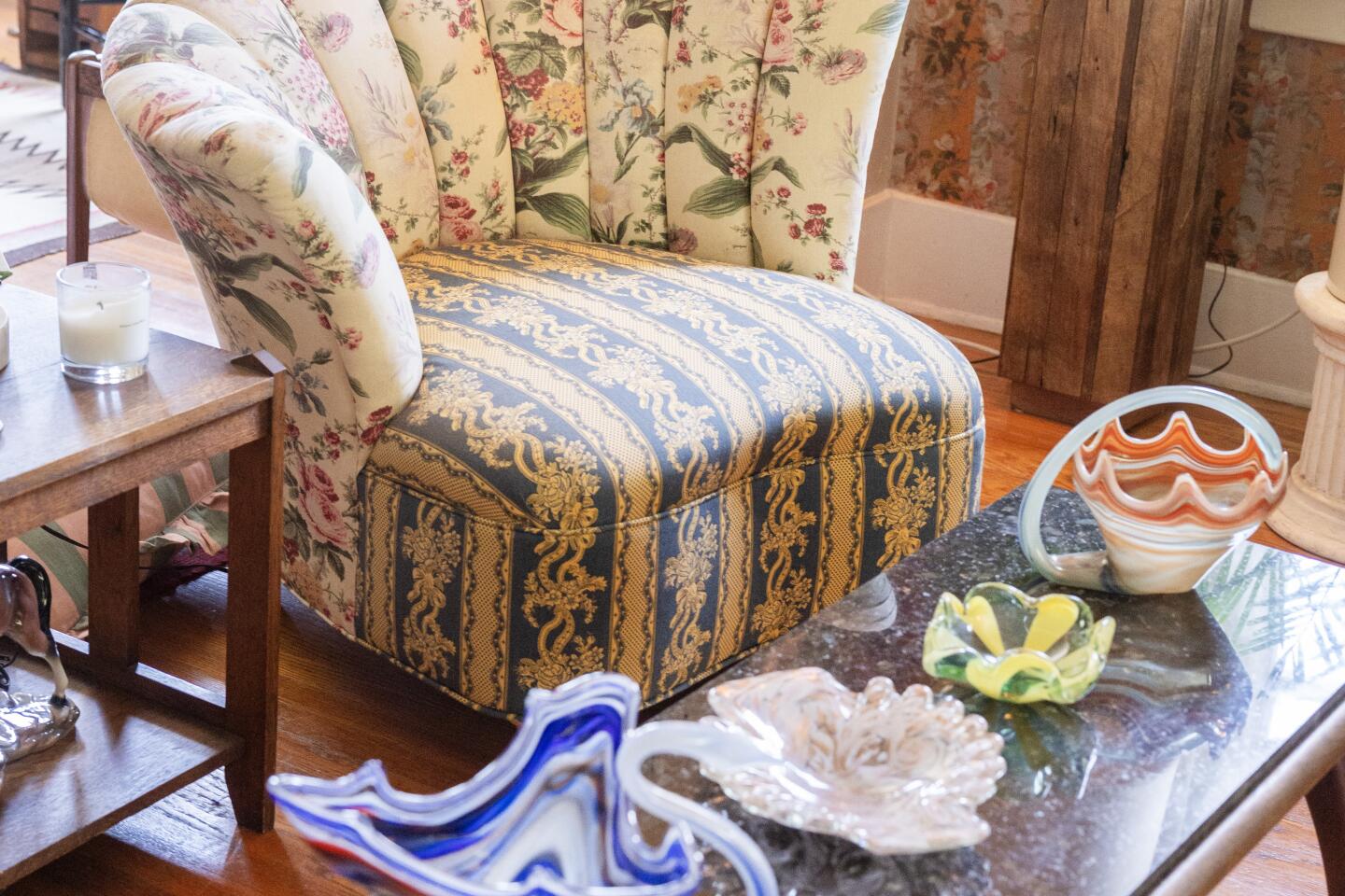 SILVER LAKE, CA - JULY 17, 2026: Wendi Weger's Versailles-inspired apartment in Silver Lake, CA on Friday, July 17, 2026. A Batsheva chair in vintage fabrics. (Myung J. Chun / Los Angeles Times)