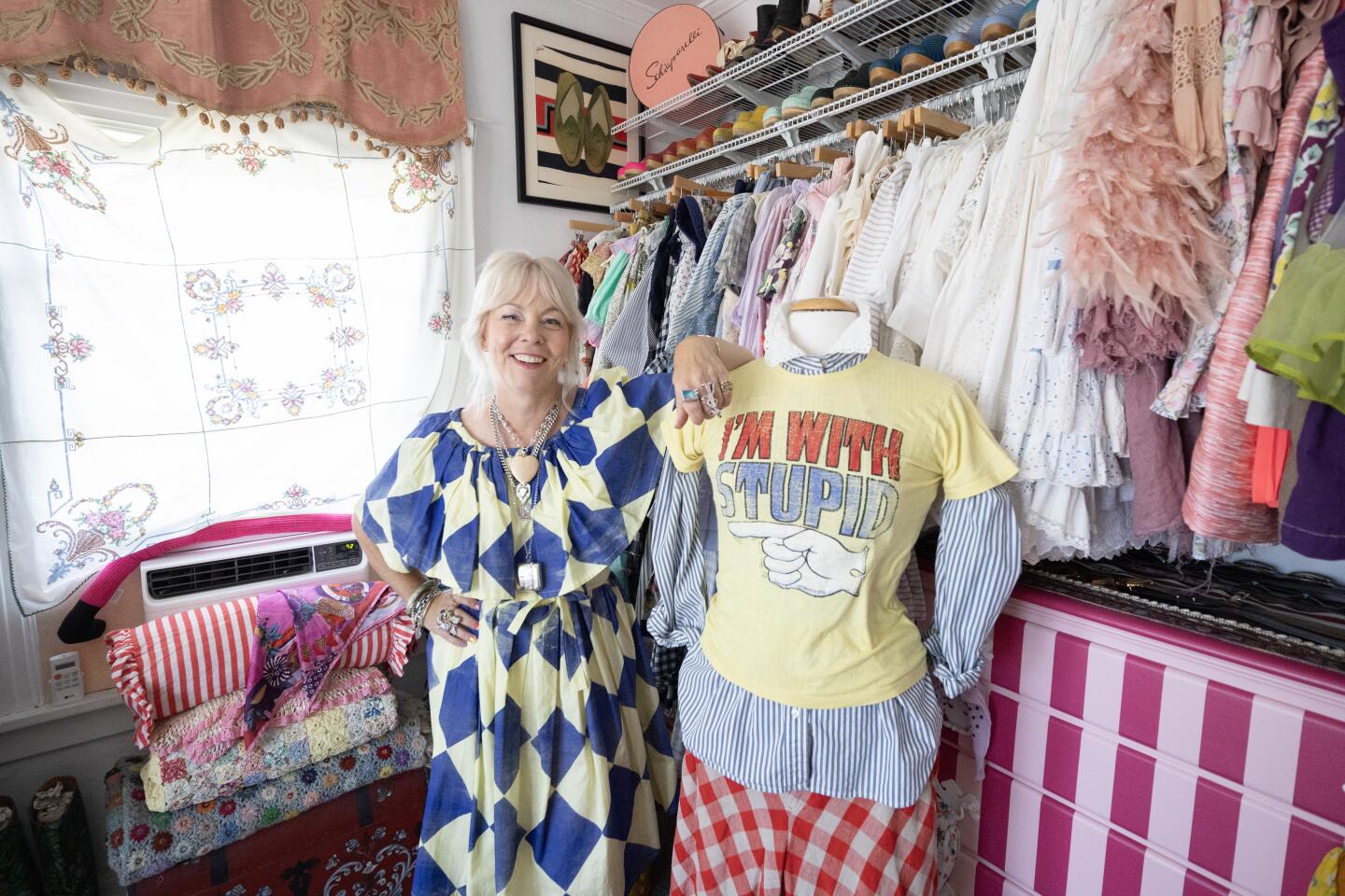 SILVER LAKE, CA - JULY 17, 2026: Wendi Weger's Versailles-inspired apartment in Silver Lake, CA on Friday, July 17, 2026. Wendy Weger with a mannequin that will be used to show off her layered style. (Myung J. Chun / Los Angeles Times)