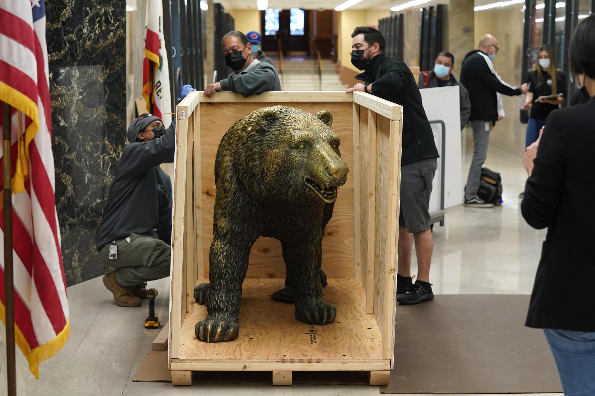 Workers box up the bronze grizzly bear in front of the Governor's Capitol office, Friday, Nov. 19, 2021. 