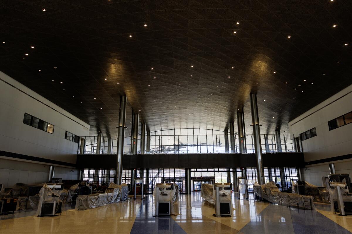 The TSA checkpoint is still under construction near the entrance to the new terminal at Hollywood Burbank Airport.