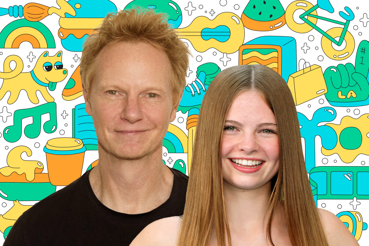 Photos of a man and girl on a background of colorful illustrations like a book, dog, pizza, TV, shopping bag, and more