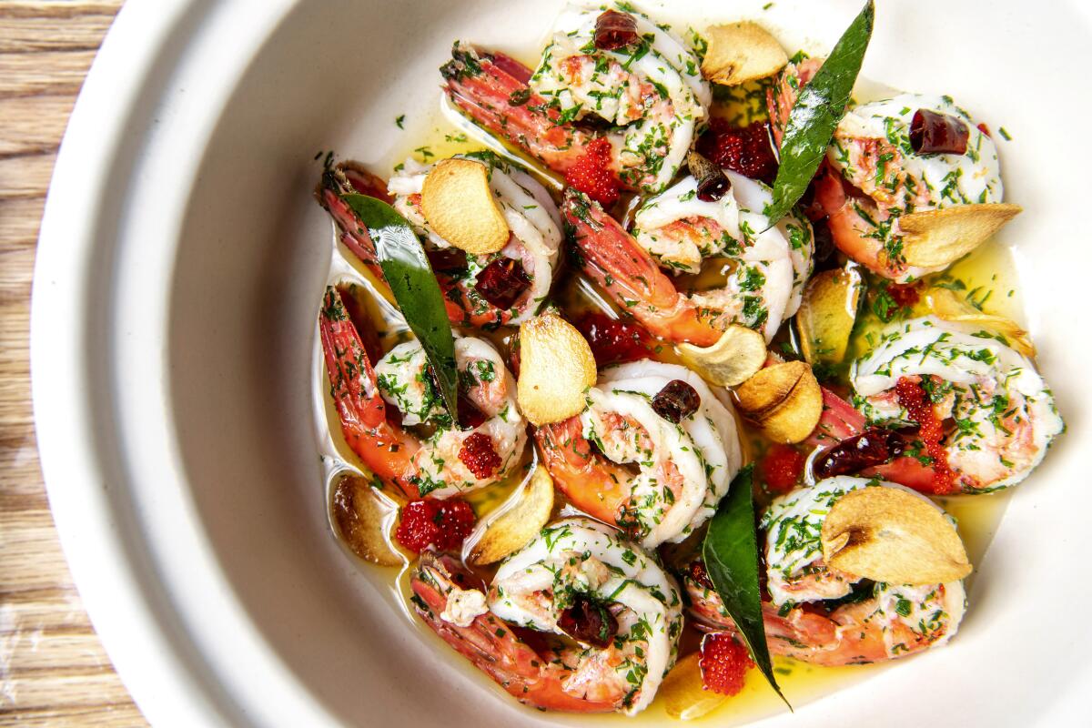Gambas al Ajillo prepared by chef Aitor Zabala at Somni restaurant.