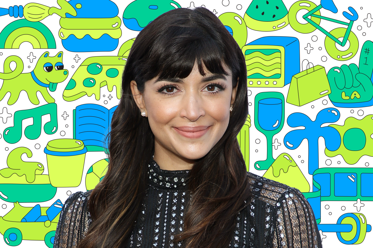 Photo of a person on a background of colorful illustrations like a book, dog, pizza, TV, shopping bag, and more