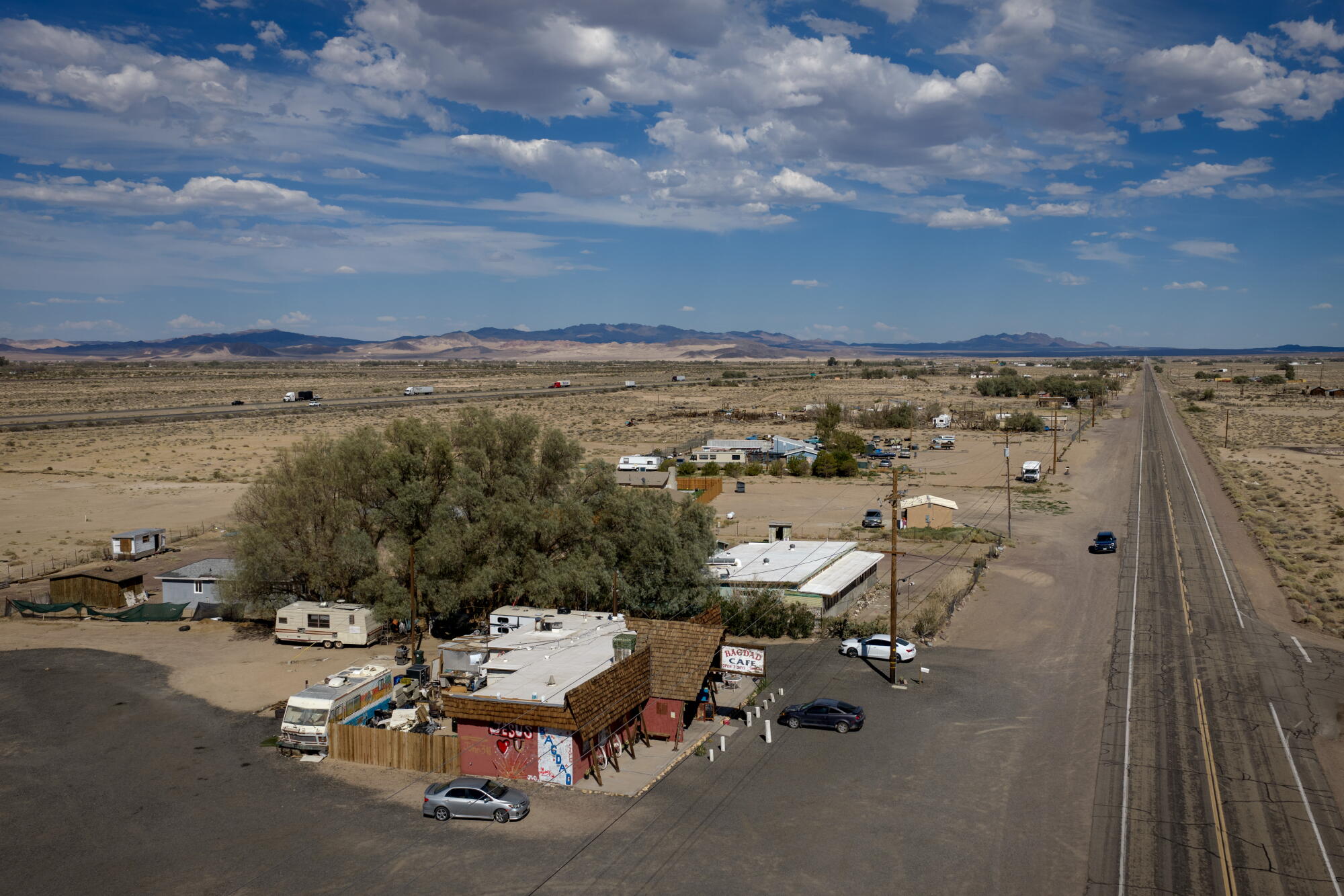 A drone image shows the remote Bagdad Cafe on Route 66 in Newberry Springs.