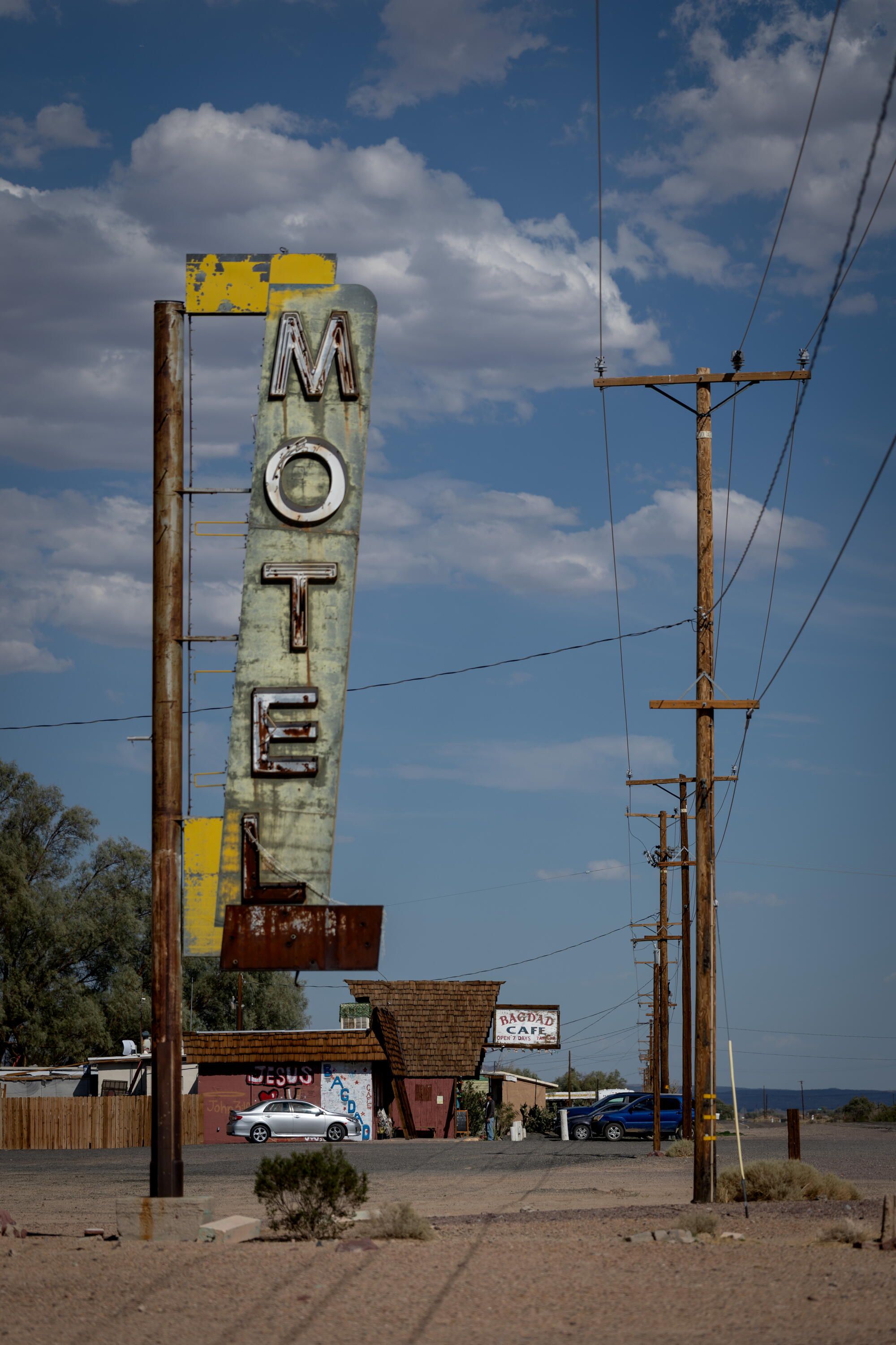 A sign for a former motel next to the Bagdad Cafe on Route 66 in Newberry Springs.