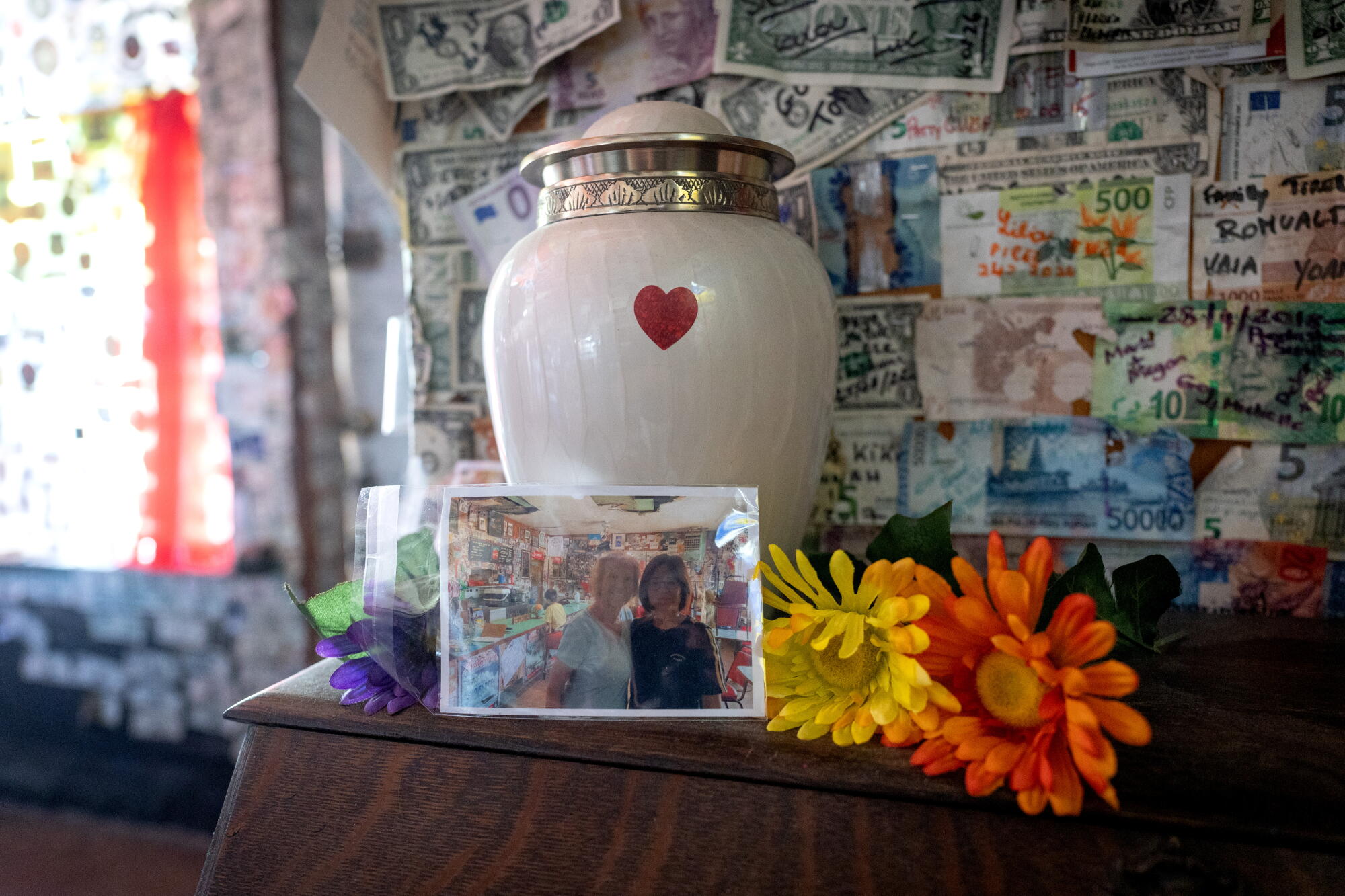 An urn is seen near the entrance of the Bagdad Cafe on Route 66. 