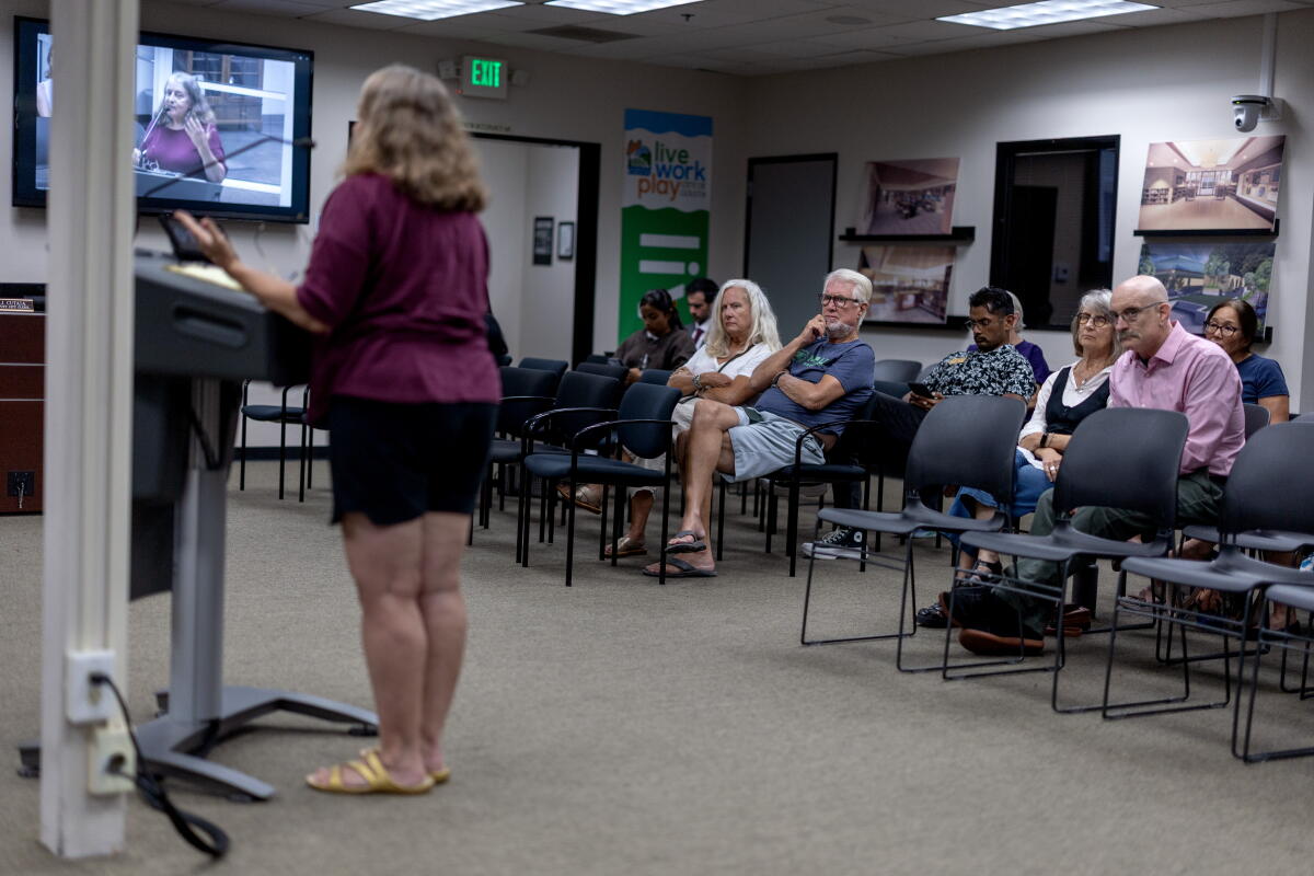 Becky Davis speaks to council members at the City Council chambers in Goleta.