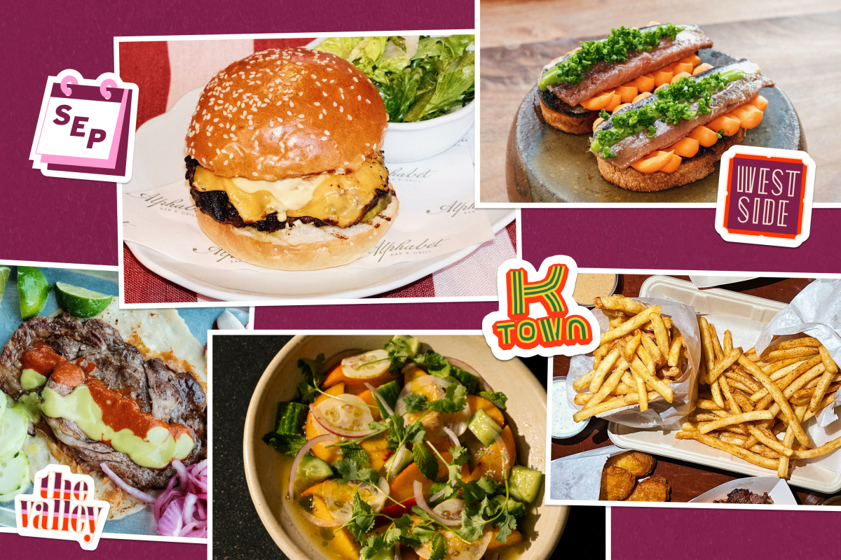 collage of food photos: burger, tacos, chicken, fries