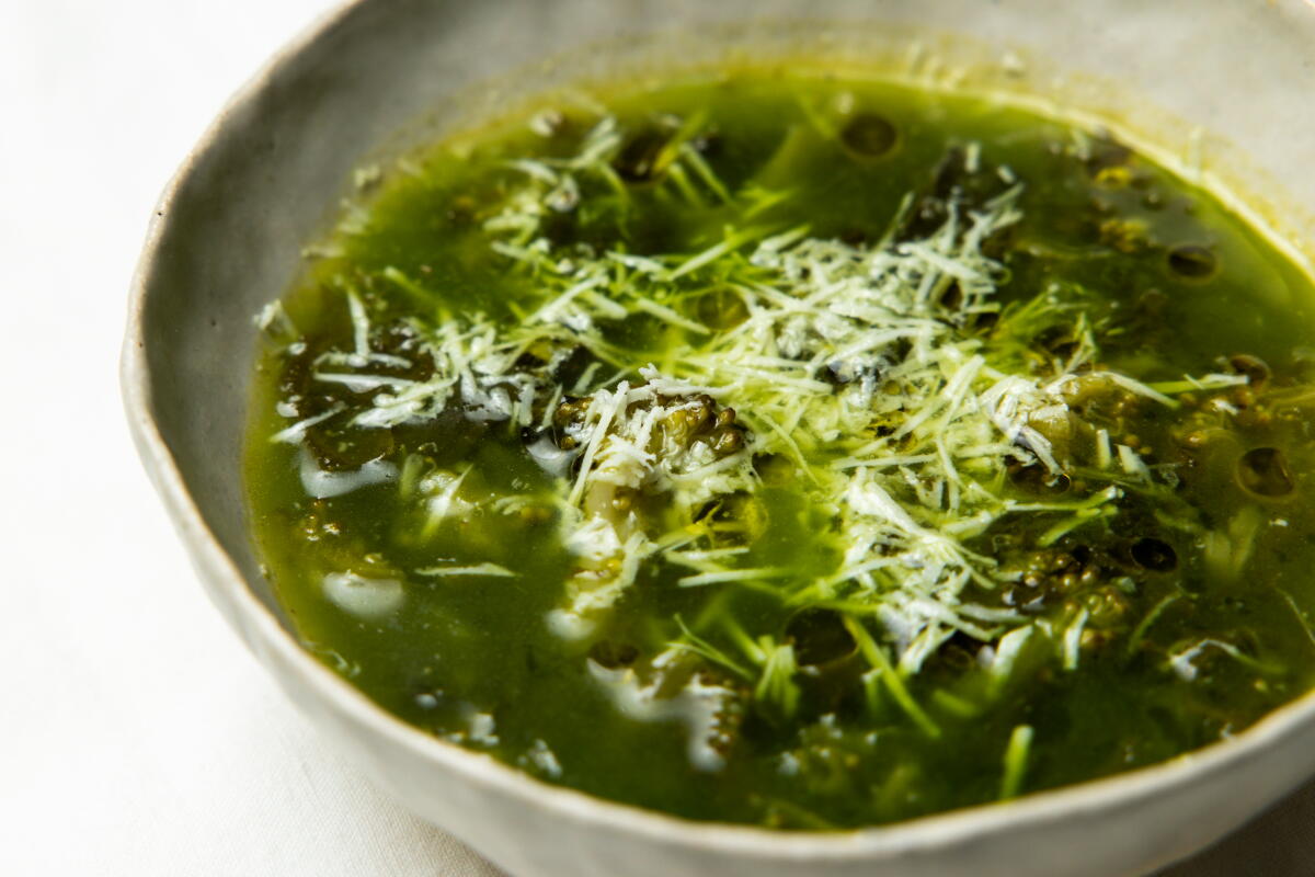 "Mightiest Greens Soup" made with kale, broccoli, escarole, and spinach 