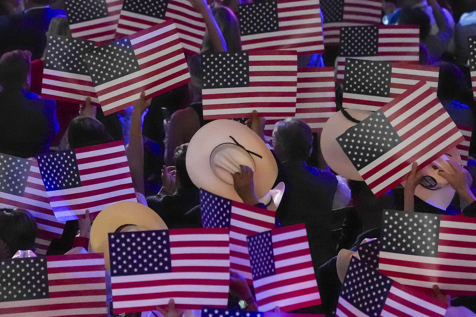 Texas attendees hold up flags and cowboys hats