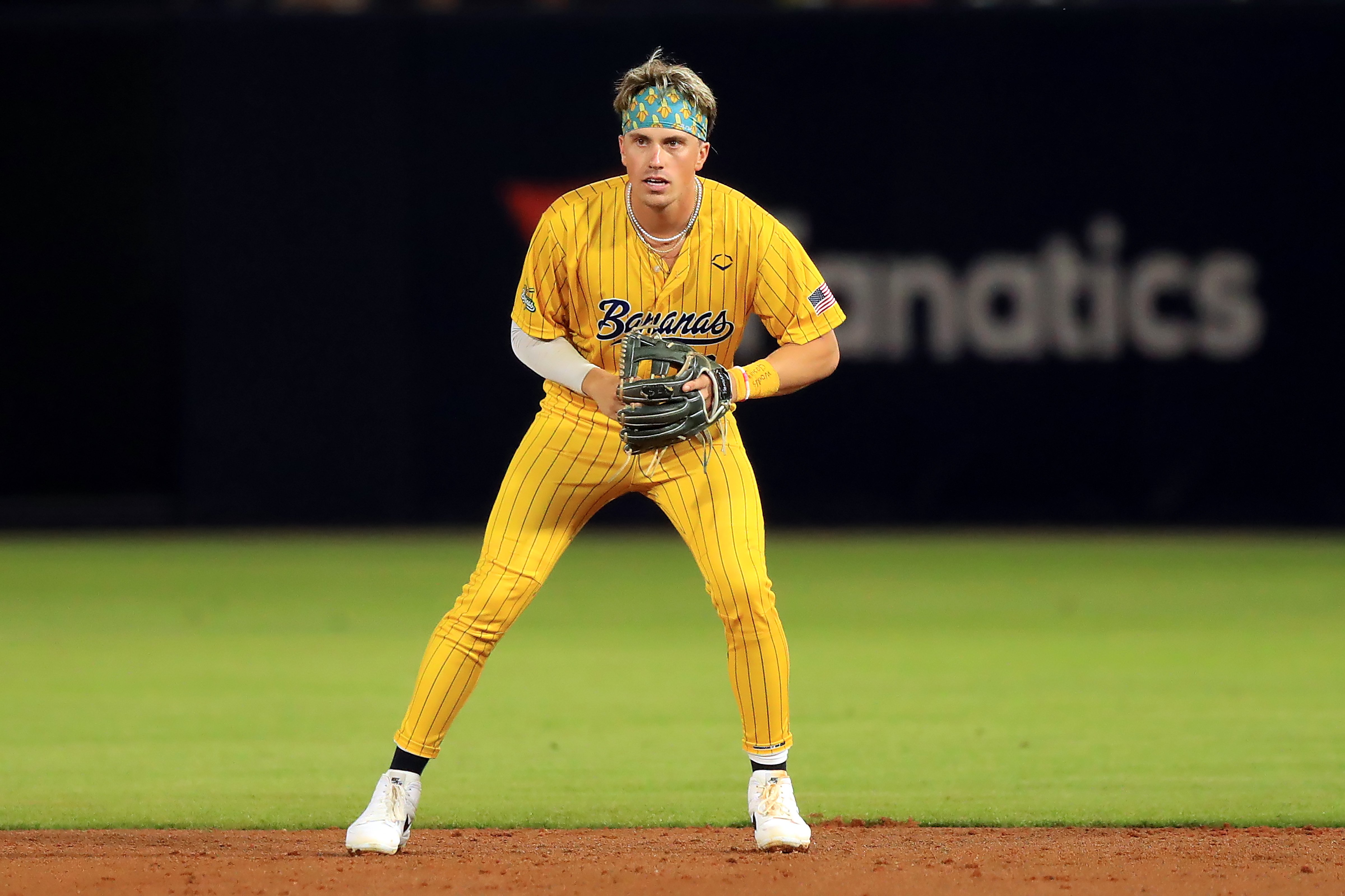 TAMPA, FL - Feb 09: Savannah Bananas infielder Jackson Olson (8) during the game between the Savannah Bananas and the The Party Animals on February 09, 2024 at George M. Steinbrenner Field in Tampa, FL. (Photo by Cliff Welch/Icon Sportswire via Getty Images)