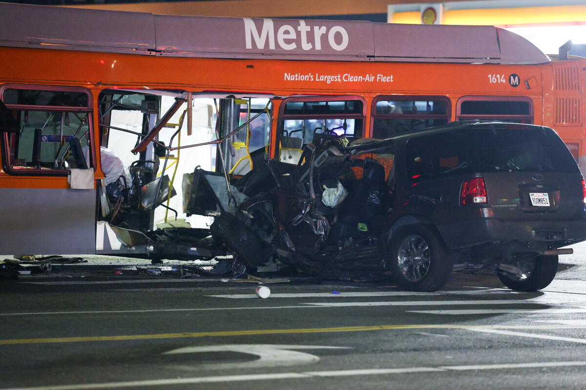 Police and LA Metro investigate the scene of a crash with a LA Metro Bus