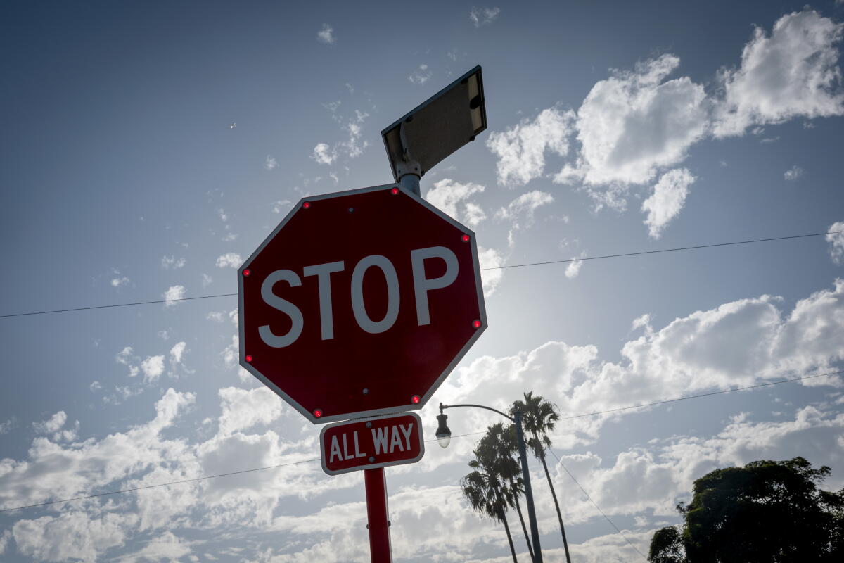 An LED-assisted stop sign in El Segundo.