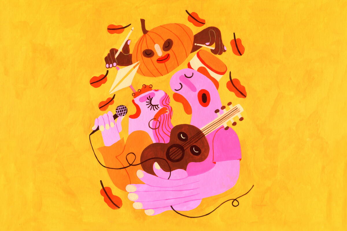 illustration of various characters playing musical instruments and singing