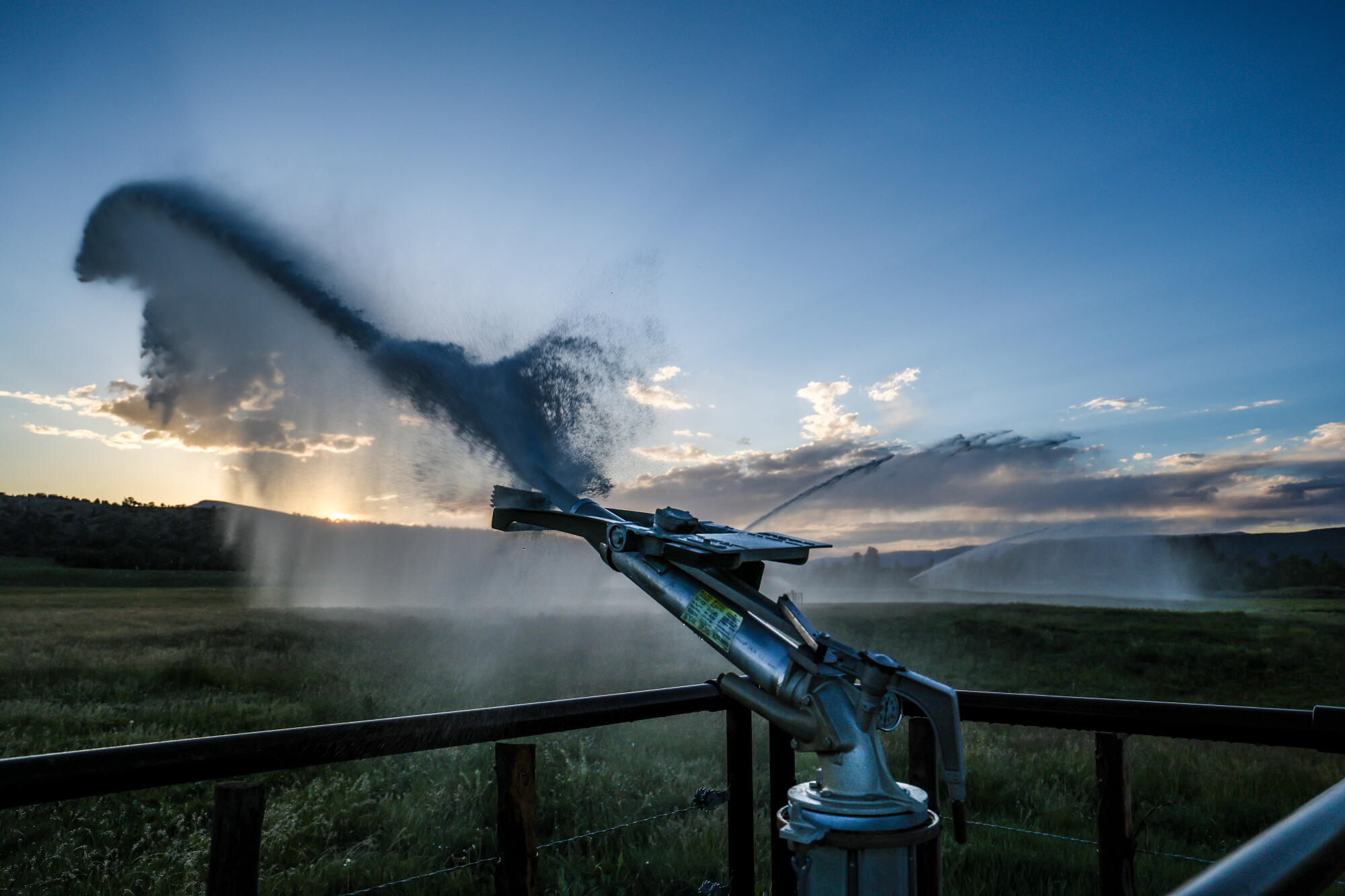A water sprinkler sprays a cattle pasture. 