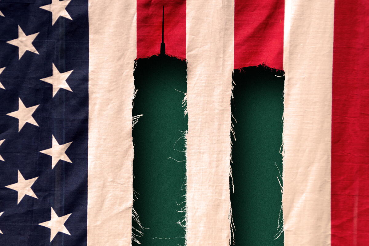 Illustration of the world trade center towers torn out from the stripes of the U.S. flag.