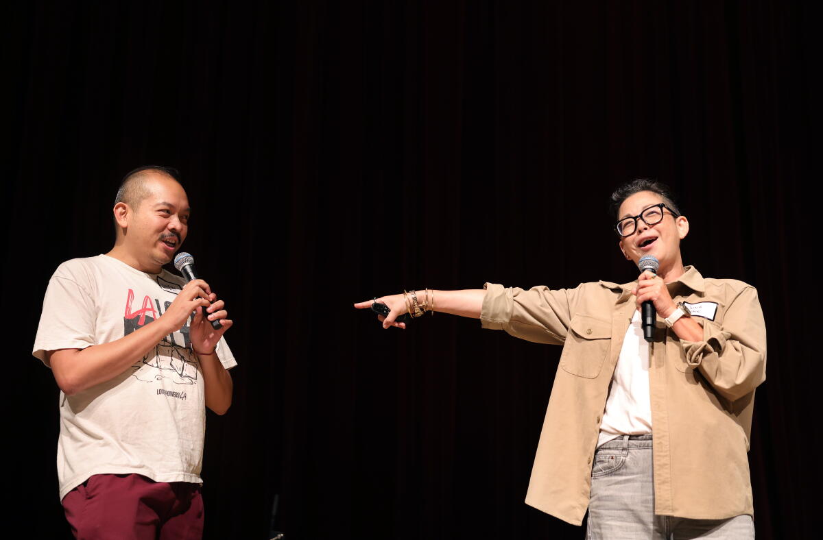 Godfrey Plata, of LA Forward and Jung Hee, of We Are CA, present skits on how to talk to neighbors about voting.