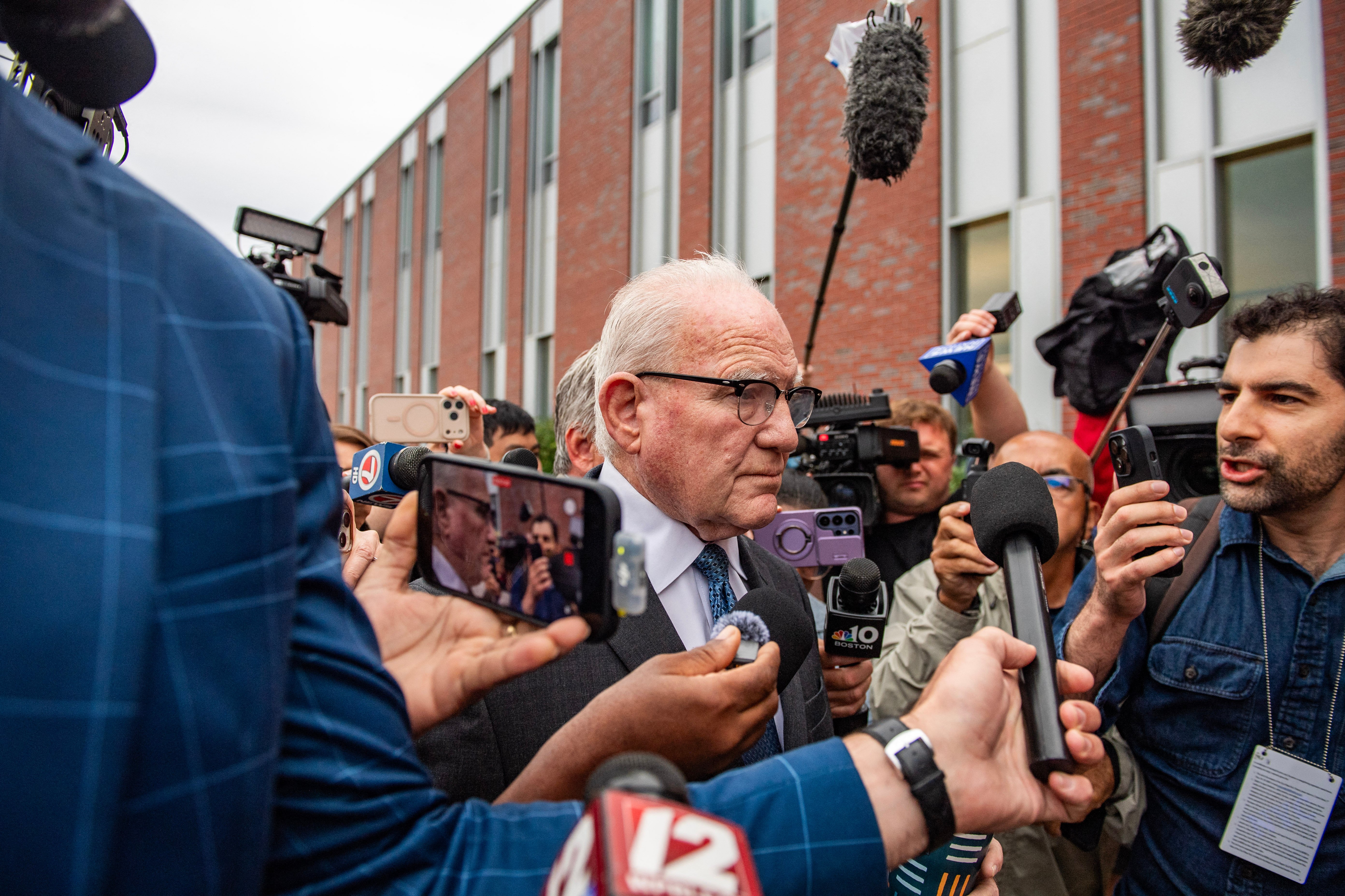 Lindsay Clancy's defense attorney Kevin Reddington is surrounded by press as he arrives during Clancy's murder trial at the Plymouth County Superior Court in Plymouth, Massachusetts, on September 1, 2026. Lindsay Clancy is on trial for the January 2023 strangulation deaths of her three young children. (Photo by JOSEPH PREZIOSO / AFP via Getty Images)