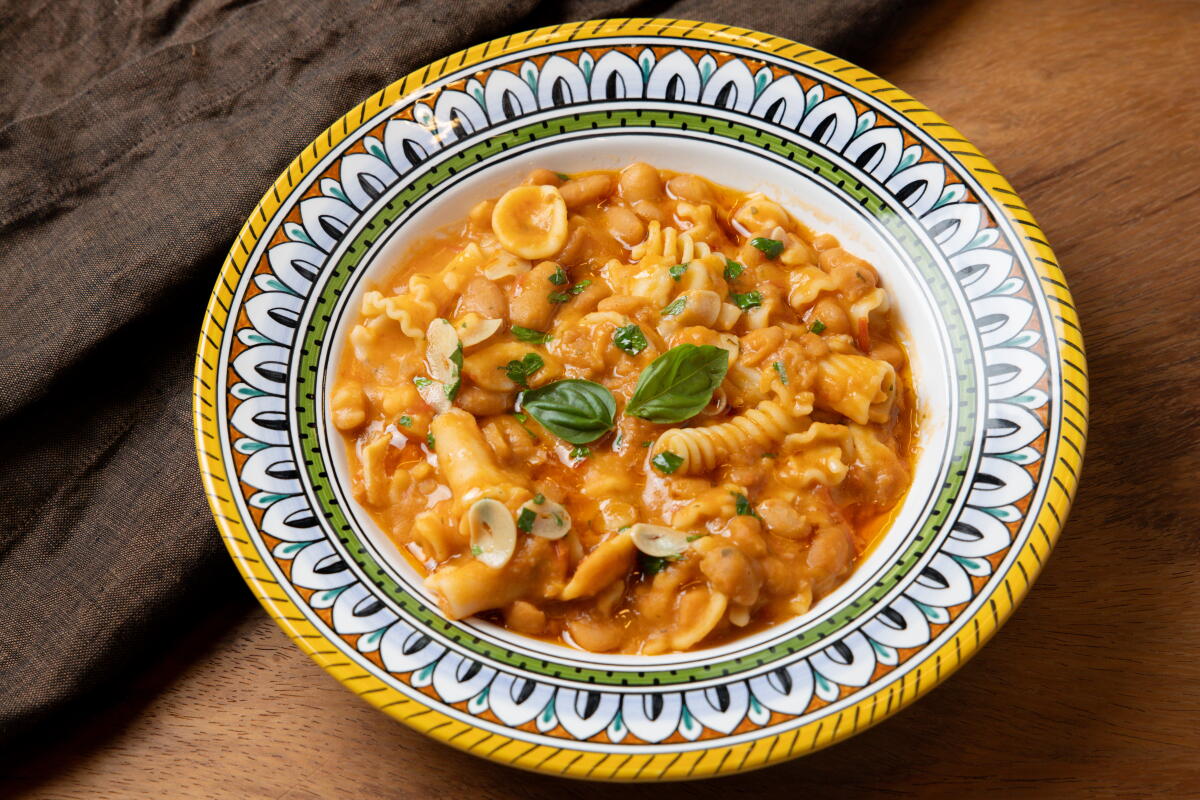 A bowl of Daniele Uditi's pasta e fagioli, made from peruano beans over cannellini beans 