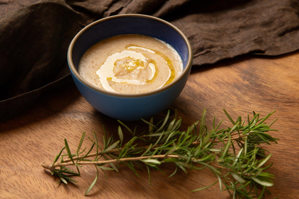 A bowl of Emergency Bean Soup made using peruano beans at the Los Angeles Times Test Kitchen.