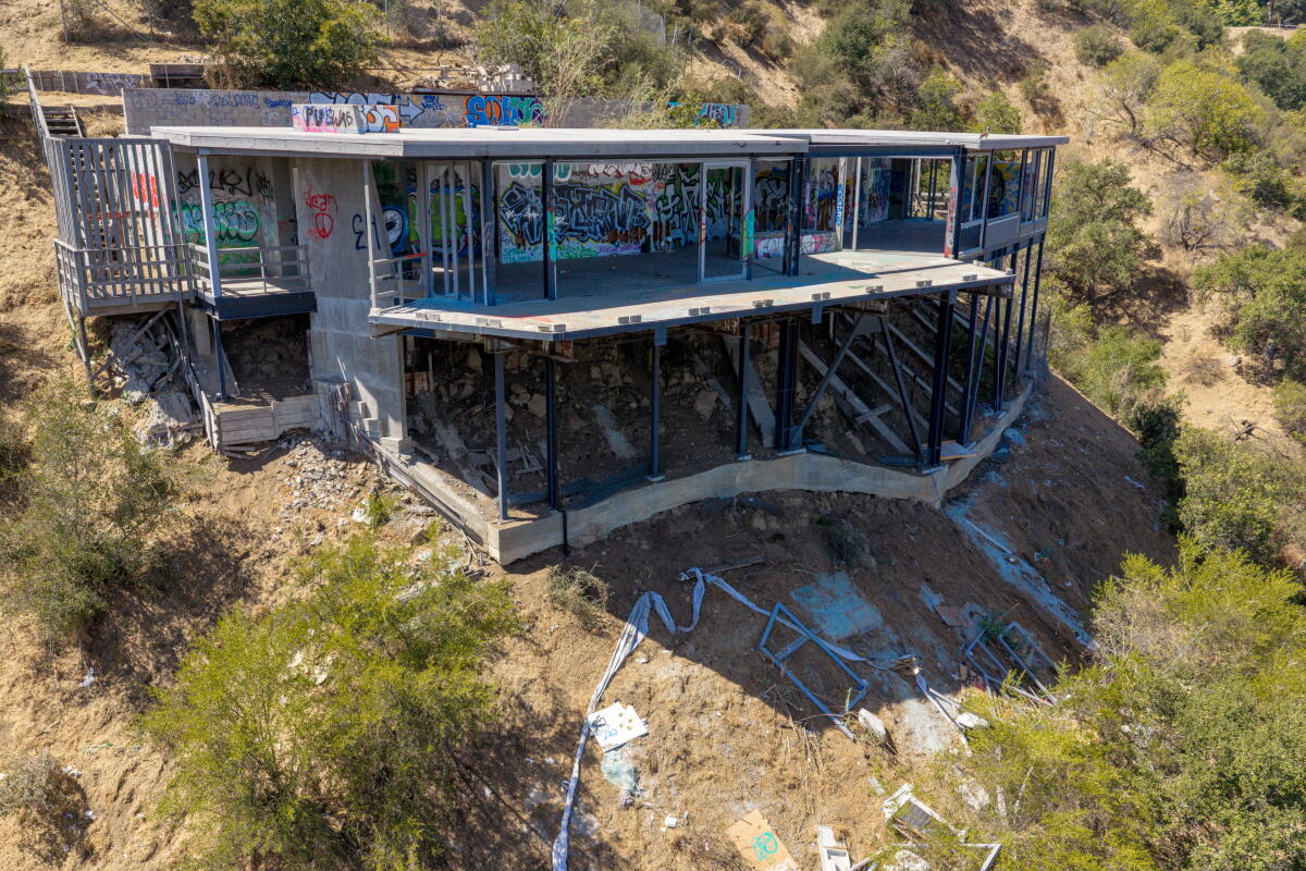 An aerial of an abandoned home along Mulholland Drive on Wednesday, Sept. 2, 2026 in Los Angeles, CA.