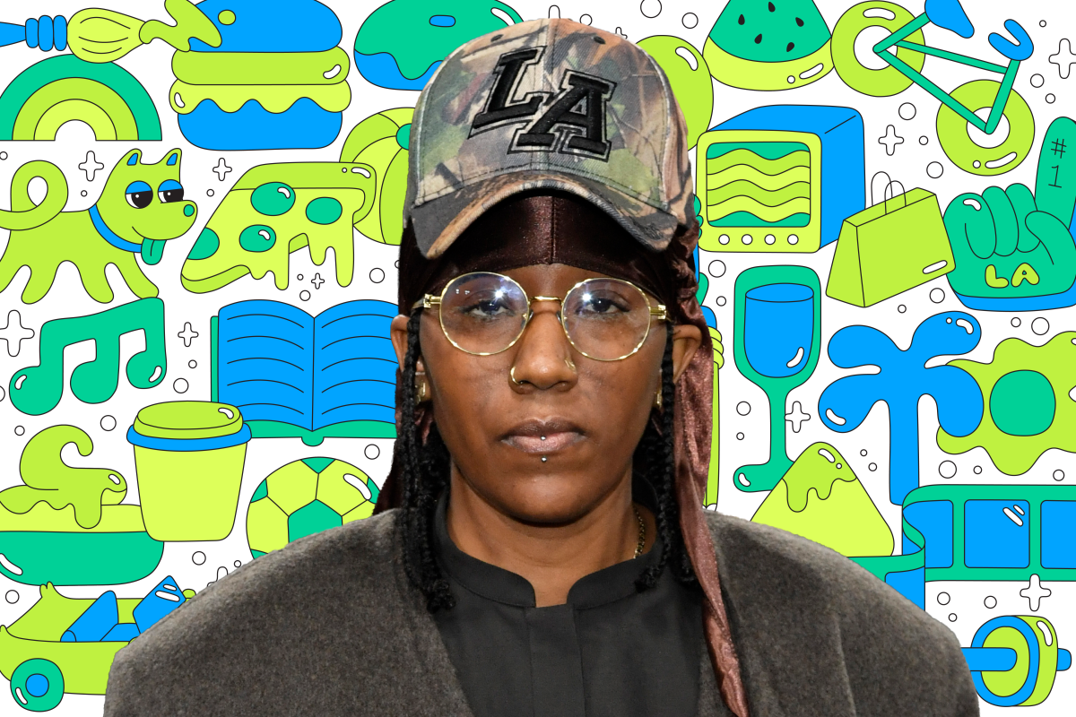 Photo of a person on a background of colorful illustrations like a book, dog, pizza, TV, shopping bag, and more