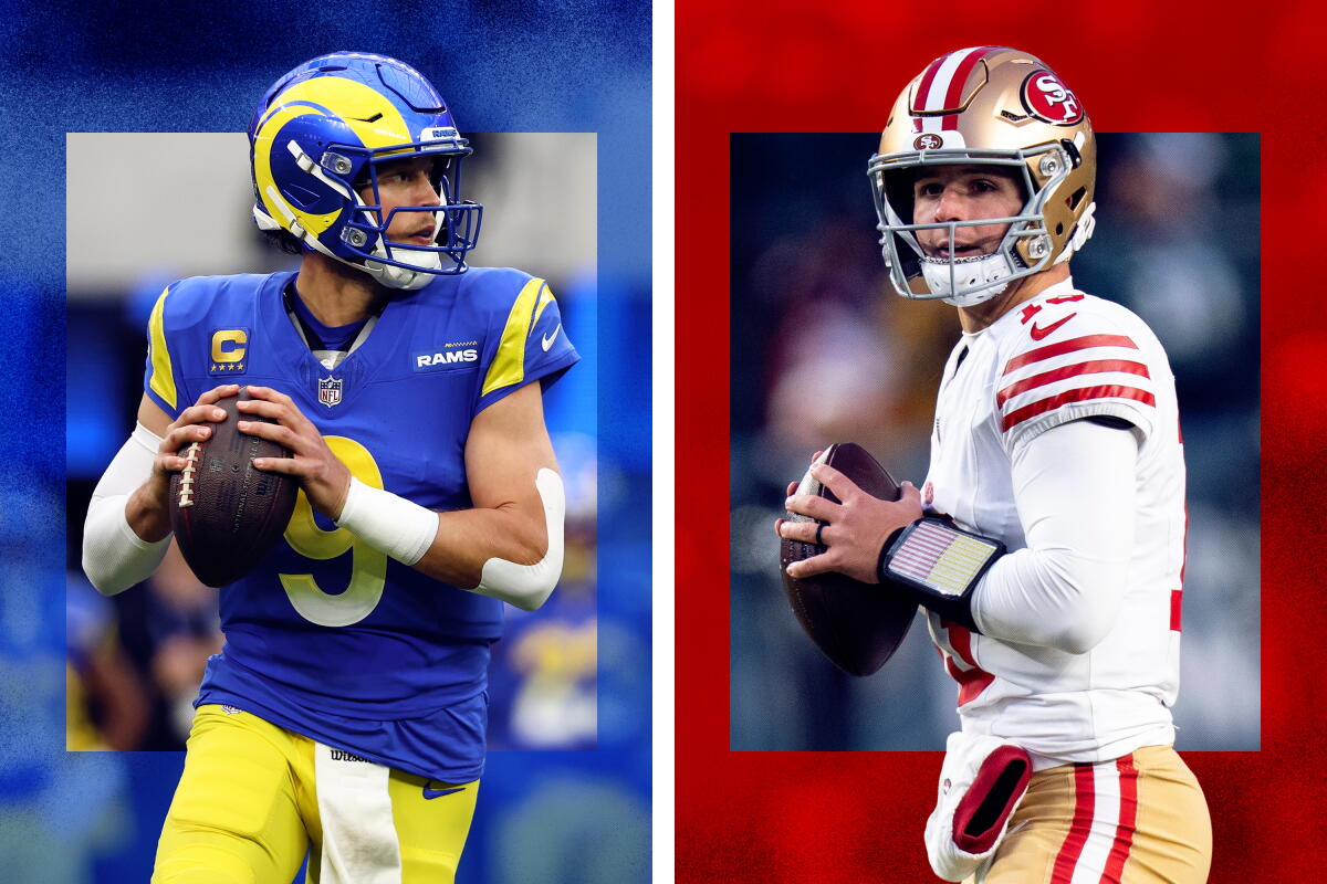 A side-by-side photo illustration of Rams QB Matthew Stafford and 49ers QB Brock Purdy.